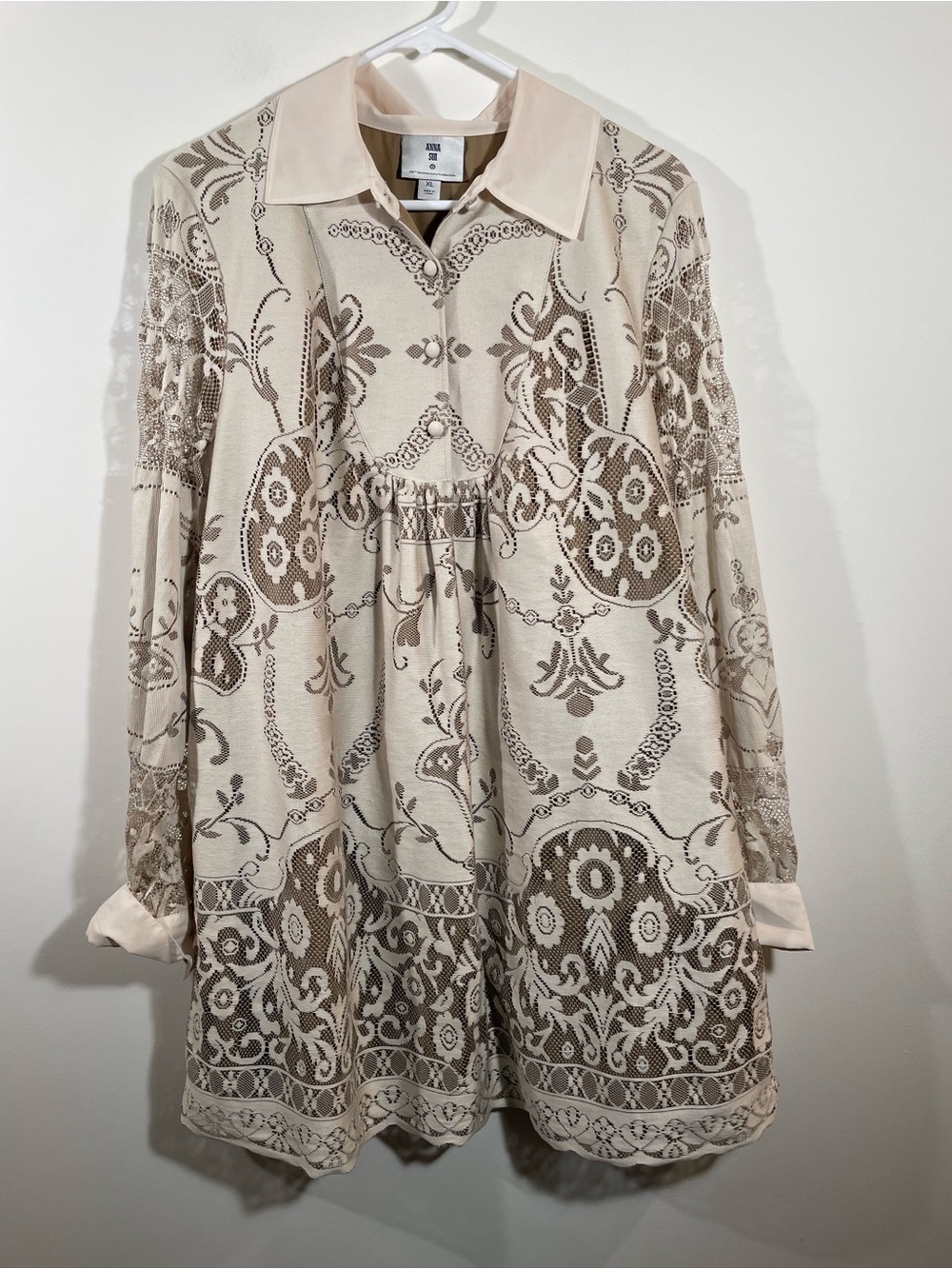 Anna Sui taupe/ivory long sleeve lace dress XL cottagecore soft goth boho